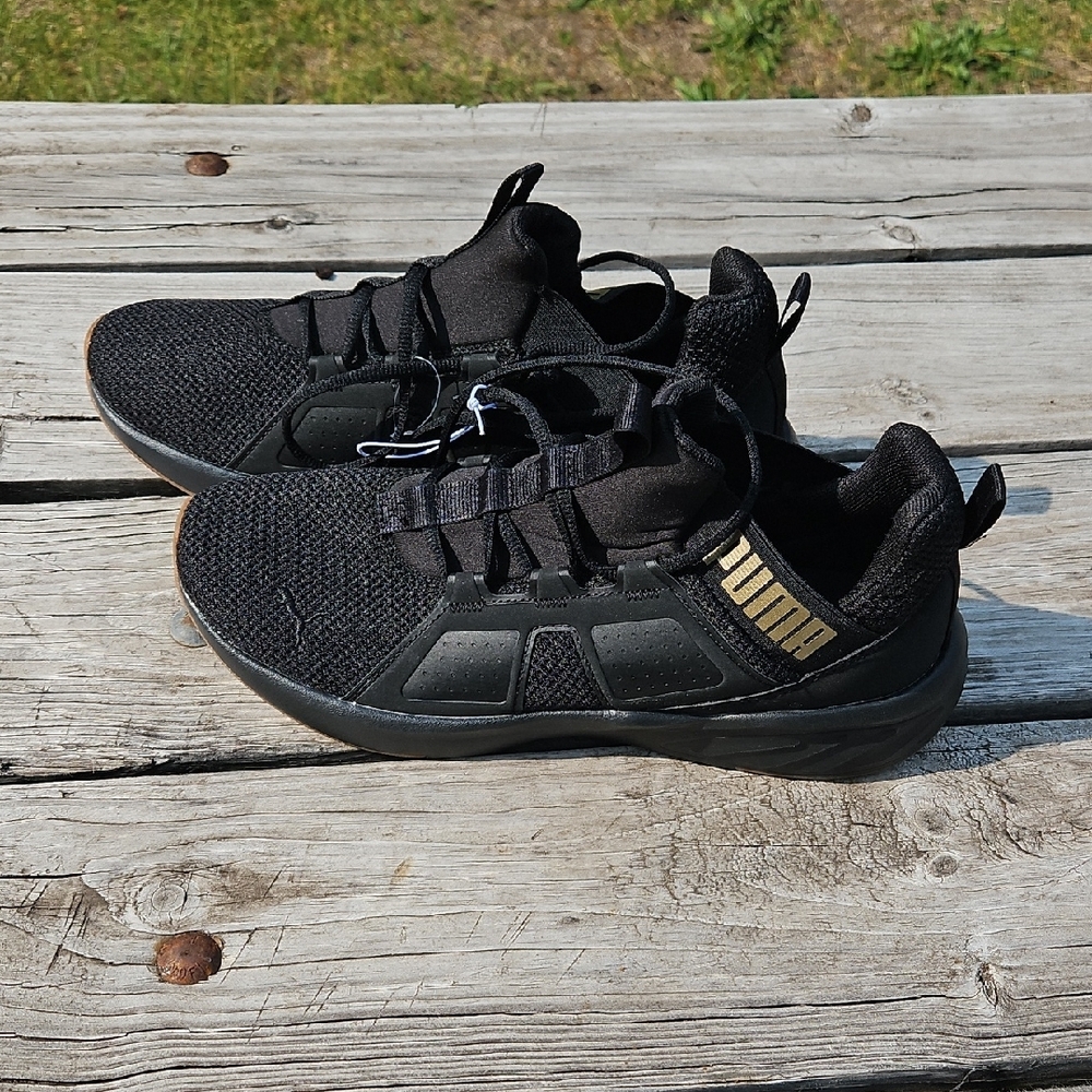 Puma Black Gold Athletic Shoes Mesh Design